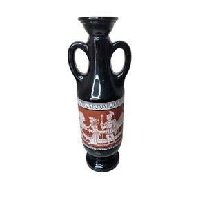 Egyptian Roman Double Handled Black Glass Urn Vase 11.25" Vintage Black Sphinx